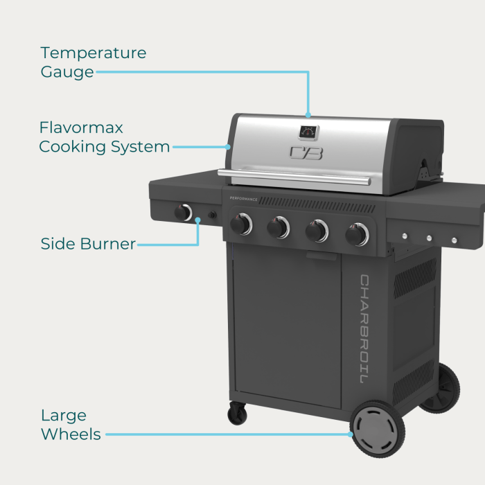 Charbroil Char Broil Performance Series FlavorMax 4 Burner Gas Grill Cabinet with Side Burner Barbecue Finished - Gas