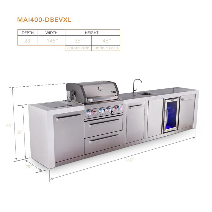 Mont Alpi Mont Alpi 4 Burner Deluxe Sereies Outdoor Kitchen Island with a Beverage Center and Extra Storage Cabinet MAi400-DBEVXL Barbecue Finished - Gas