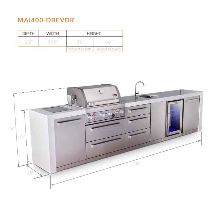Mont Alpi Mont Alpi 4 Burner Deluxe Sereies Outdoor Kitchen Island with a Beverage Center and Extra Storage Drawers MAi400-DBEVDR Barbecue Finished - Gas