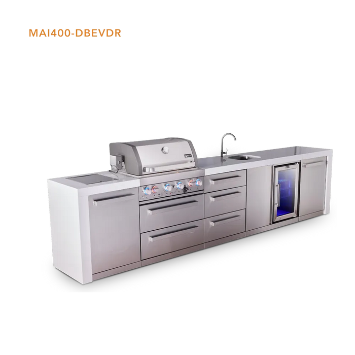 Mont Alpi Mont Alpi 4 Burner Deluxe Sereies Outdoor Kitchen Island with a Beverage Center and Extra Storage Drawers MAi400-DBEVDR Barbecue Finished - Gas