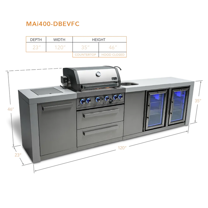 Mont Alpi Mont Alpi 4 Burner Deluxe Sereies Outdoor Kitchen Island with a Beverage Center and Fridge Cabinet MAi400-DBEVFC Barbecue Finished - Gas