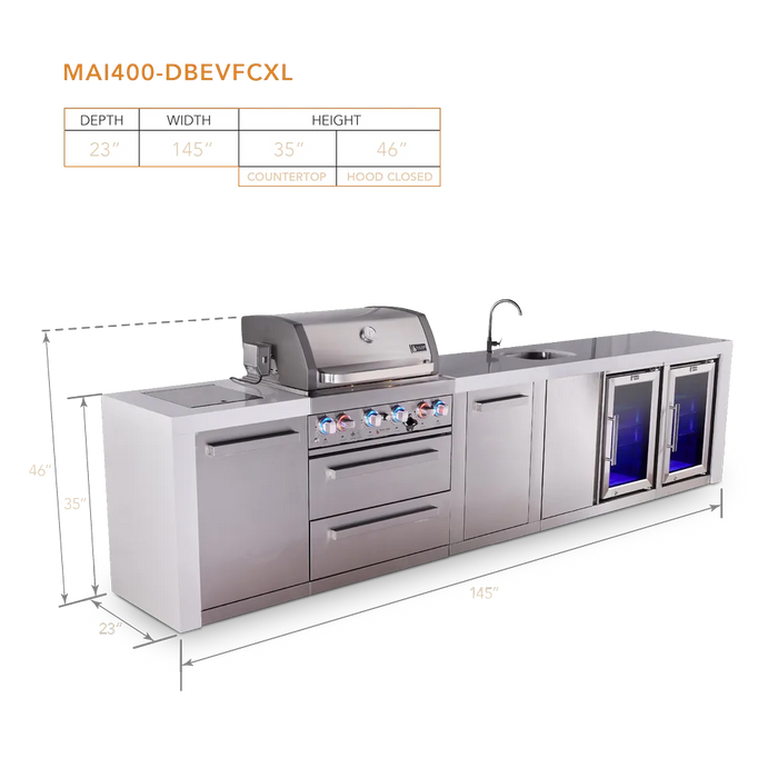Mont Alpi Mont Alpi 4 Burner Deluxe Sereies Outdoor Kitchen Island with a Beverage Center, Corner Fridge, and Extra Storage Cabinet MAi400-DBEVFCXL Barbecue Finished - Gas