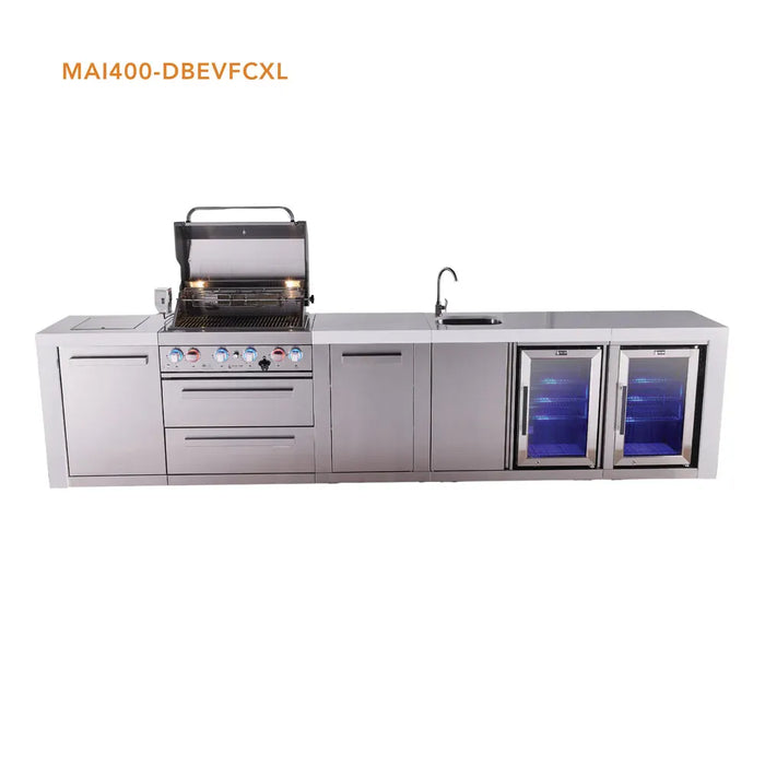 Mont Alpi Mont Alpi 4 Burner Deluxe Sereies Outdoor Kitchen Island with a Beverage Center, Corner Fridge, and Extra Storage Cabinet MAi400-DBEVFCXL Barbecue Finished - Gas