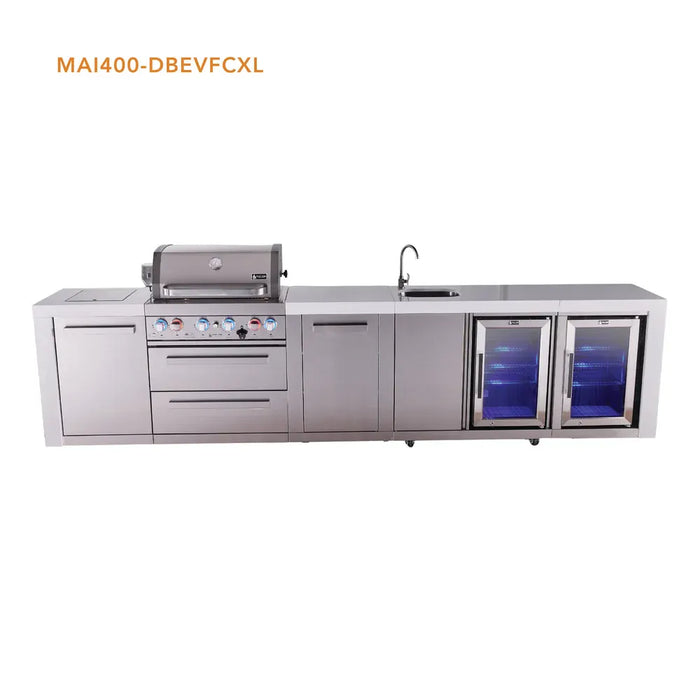 Mont Alpi Mont Alpi 4 Burner Deluxe Sereies Outdoor Kitchen Island with a Beverage Center, Corner Fridge, and Extra Storage Cabinet MAi400-DBEVFCXL Barbecue Finished - Gas