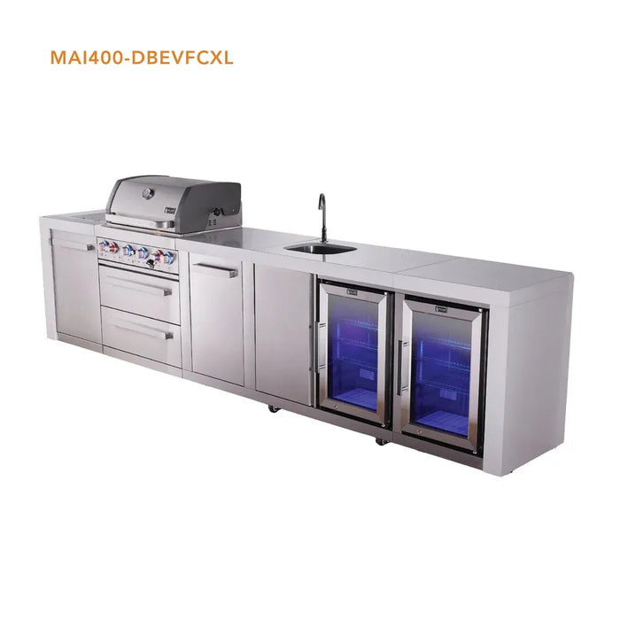 Mont Alpi Mont Alpi 4 Burner Deluxe Sereies Outdoor Kitchen Island with a Beverage Center, Corner Fridge, and Extra Storage Cabinet MAi400-DBEVFCXL Barbecue Finished - Gas