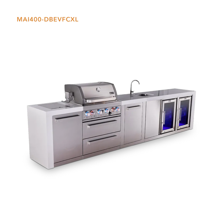 Mont Alpi Mont Alpi 4 Burner Deluxe Sereies Outdoor Kitchen Island with a Beverage Center, Corner Fridge, and Extra Storage Cabinet MAi400-DBEVFCXL Barbecue Finished - Gas
