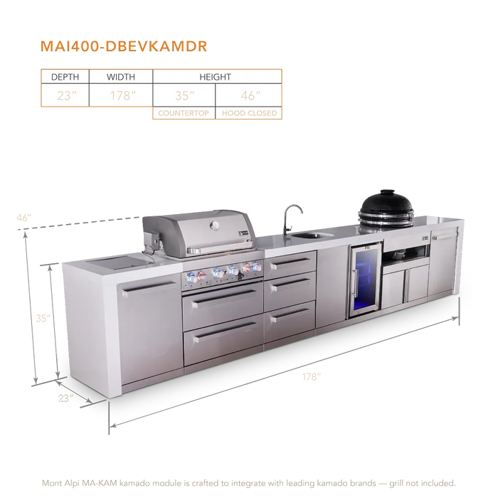 Mont Alpi Mont Alpi 4 Burner Deluxe Sereies Outdoor Kitchen Island with a Beverage Center, Kamado Module, and Extra Drawers MAi400-DBEVKAMDR Barbecue Finished - Gas