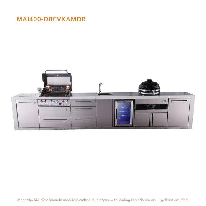 Mont Alpi Mont Alpi 4 Burner Deluxe Sereies Outdoor Kitchen Island with a Beverage Center, Kamado Module, and Extra Drawers MAi400-DBEVKAMDR Barbecue Finished - Gas