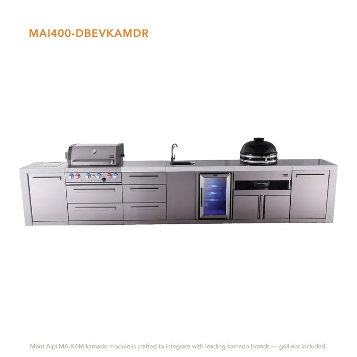 Mont Alpi Mont Alpi 4 Burner Deluxe Sereies Outdoor Kitchen Island with a Beverage Center, Kamado Module, and Extra Drawers MAi400-DBEVKAMDR Barbecue Finished - Gas