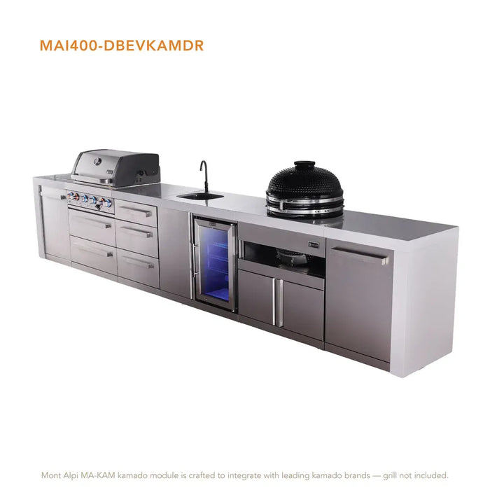 Mont Alpi Mont Alpi 4 Burner Deluxe Sereies Outdoor Kitchen Island with a Beverage Center, Kamado Module, and Extra Drawers MAi400-DBEVKAMDR Barbecue Finished - Gas