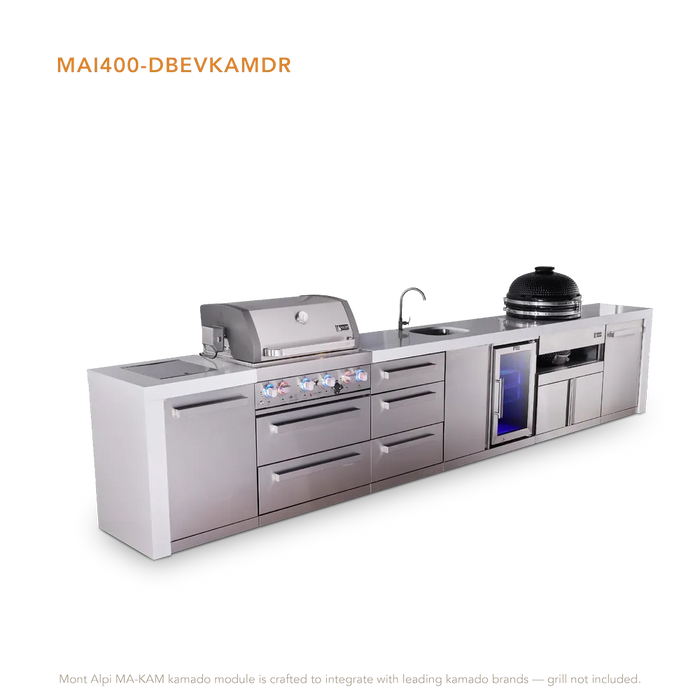Mont Alpi Mont Alpi 4 Burner Deluxe Sereies Outdoor Kitchen Island with a Beverage Center, Kamado Module, and Extra Drawers MAi400-DBEVKAMDR Barbecue Finished - Gas