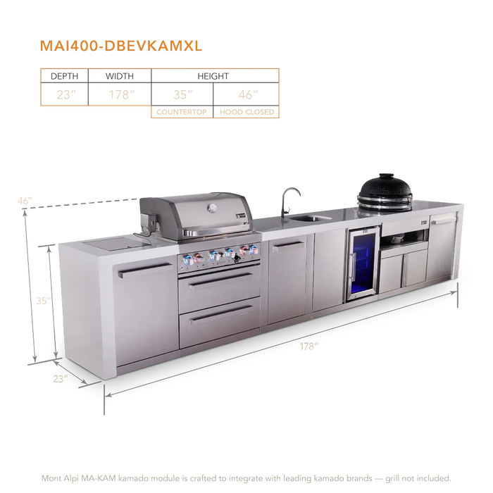 Mont Alpi Mont Alpi 4 Burner Deluxe Sereies Outdoor Kitchen Island with a Beverage Center, Kamado Module, and Extra Storage Cabinet MAi400-DBEVKAMXL Barbecue Finished - Gas
