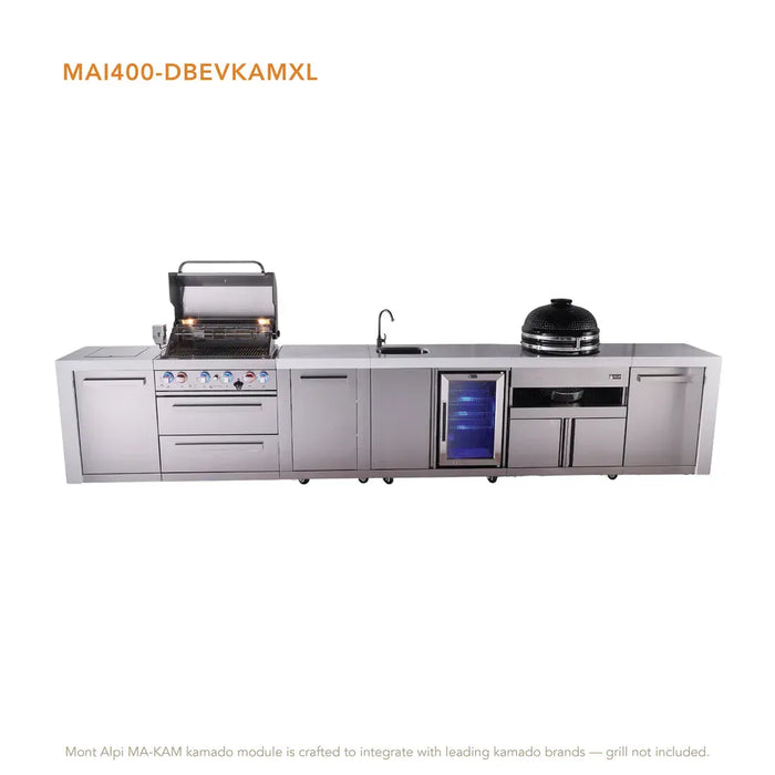 Mont Alpi Mont Alpi 4 Burner Deluxe Sereies Outdoor Kitchen Island with a Beverage Center, Kamado Module, and Extra Storage Cabinet MAi400-DBEVKAMXL Barbecue Finished - Gas