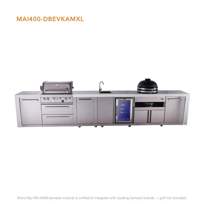Mont Alpi Mont Alpi 4 Burner Deluxe Sereies Outdoor Kitchen Island with a Beverage Center, Kamado Module, and Extra Storage Cabinet MAi400-DBEVKAMXL Barbecue Finished - Gas