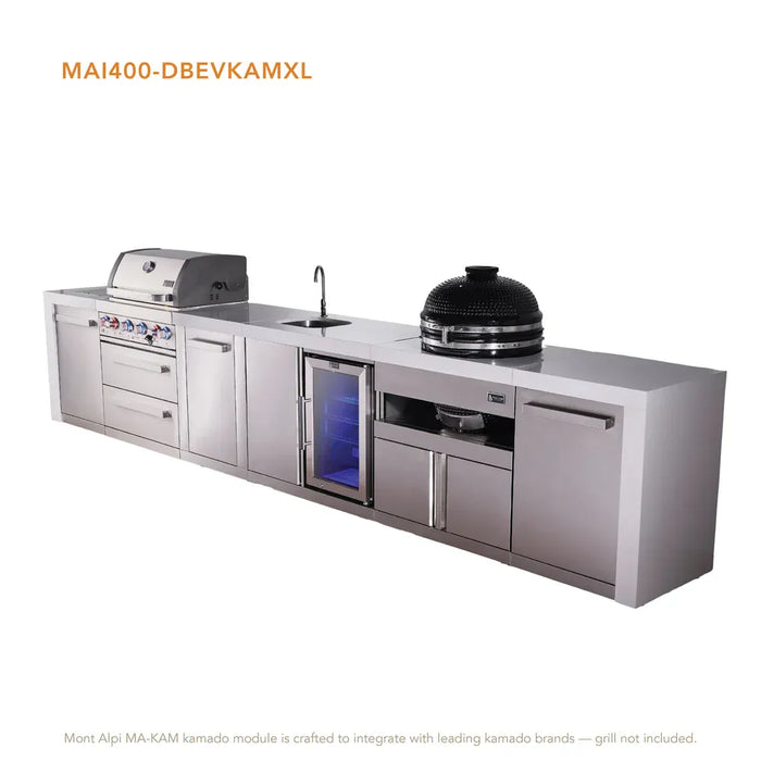 Mont Alpi Mont Alpi 4 Burner Deluxe Sereies Outdoor Kitchen Island with a Beverage Center, Kamado Module, and Extra Storage Cabinet MAi400-DBEVKAMXL Barbecue Finished - Gas