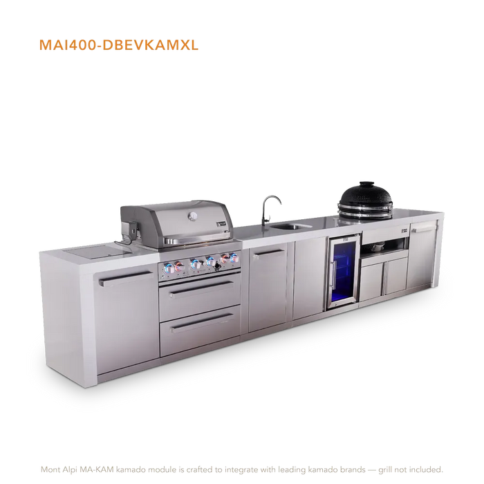 Mont Alpi Mont Alpi 4 Burner Deluxe Sereies Outdoor Kitchen Island with a Beverage Center, Kamado Module, and Extra Storage Cabinet MAi400-DBEVKAMXL Barbecue Finished - Gas