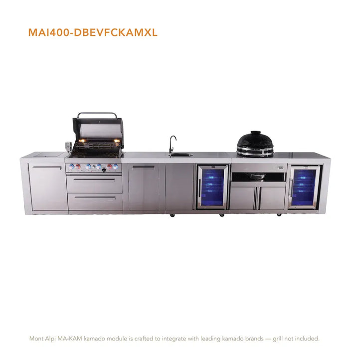 Mont Alpi Mont Alpi 4 Burner Deluxe Sereies Outdoor Kitchen Island with a Beverage Center, Kamado Module, Fridge, and Extra Storage Cabinet MAi400-DBEVFCKAMXL Barbecue Finished - Gas