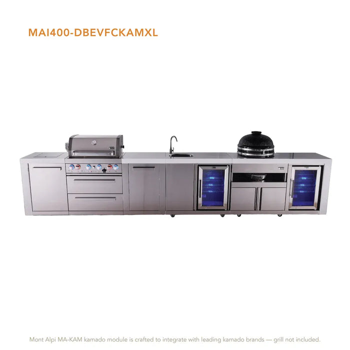 Mont Alpi Mont Alpi 4 Burner Deluxe Sereies Outdoor Kitchen Island with a Beverage Center, Kamado Module, Fridge, and Extra Storage Cabinet MAi400-DBEVFCKAMXL Barbecue Finished - Gas