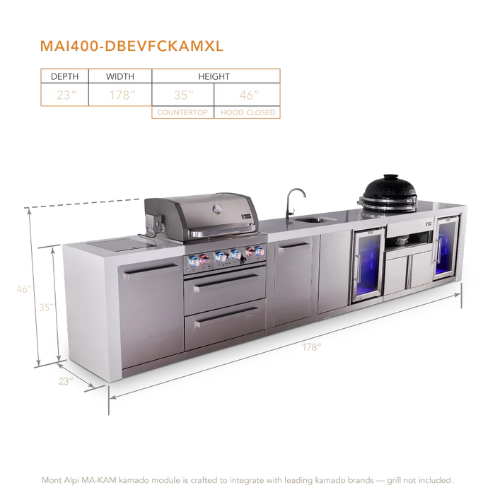 Mont Alpi Mont Alpi 4 Burner Deluxe Sereies Outdoor Kitchen Island with a Beverage Center, Kamado Module, Fridge, and Extra Storage Cabinet MAi400-DBEVFCKAMXL Barbecue Finished - Gas
