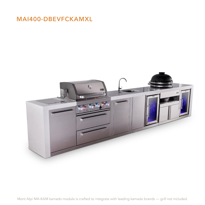Mont Alpi Mont Alpi 4 Burner Deluxe Sereies Outdoor Kitchen Island with a Beverage Center, Kamado Module, Fridge, and Extra Storage Cabinet MAi400-DBEVFCKAMXL Barbecue Finished - Gas