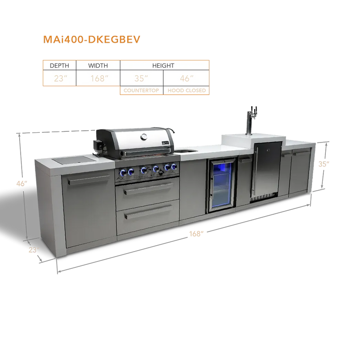 Mont Alpi Mont Alpi 4 Burner Deluxe Sereies Outdoor Kitchen Island with a Kegerator and Beverage Center MAi400-DKEGBEV Barbecue Finished - Gas