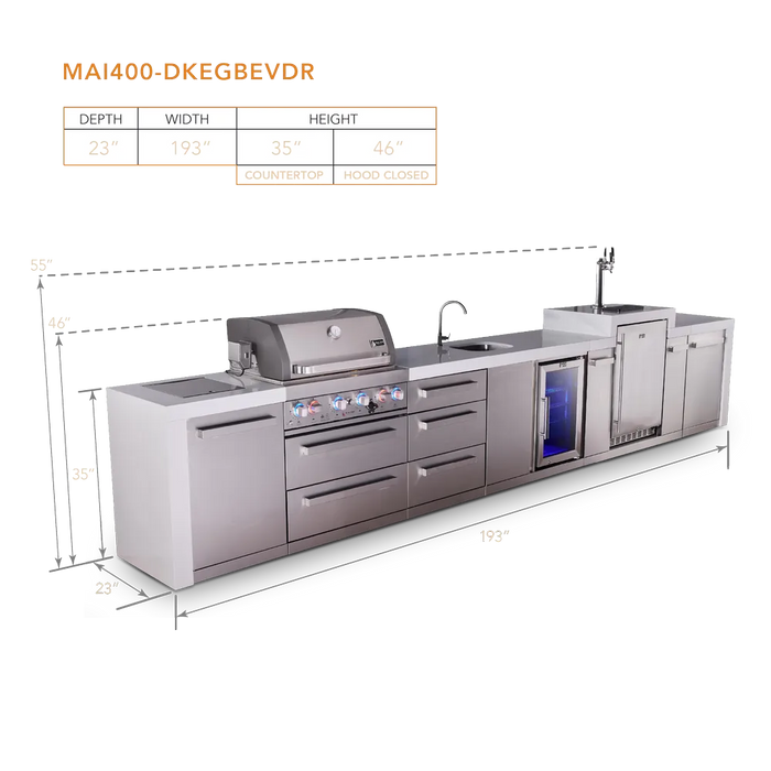 Mont Alpi Mont Alpi 4 Burner Deluxe Sereies Outdoor Kitchen Island with a Kegerator, Beverage Center, and Extra Storage Drawer Slides MAi400-DKEGBEVDR Barbecue Finished - Gas