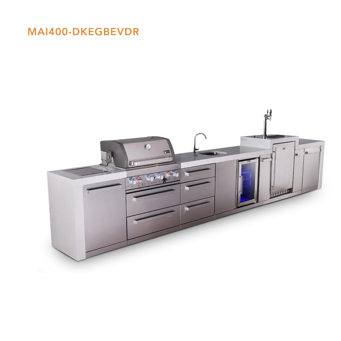 Mont Alpi Mont Alpi 4 Burner Deluxe Sereies Outdoor Kitchen Island with a Kegerator, Beverage Center, and Extra Storage Drawer Slides MAi400-DKEGBEVDR Barbecue Finished - Gas