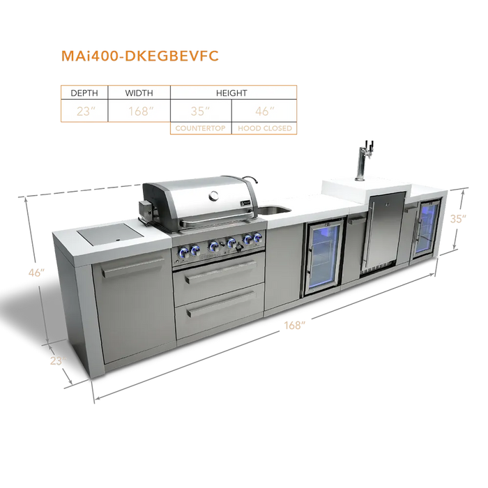 Mont Alpi Mont Alpi 4 Burner Deluxe Sereies Outdoor Kitchen Island with a Kegerator, Beverage Center, and Fridge Cabinet MAi400-DKEGBEVFC Barbecue Finished - Gas