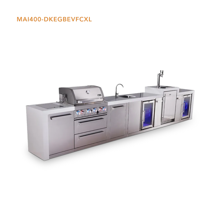 Mont Alpi Mont Alpi 4 Burner Deluxe Sereies Outdoor Kitchen Island with a Kegerator, Beverage Center, Corner Fridge, and Extra Storage Cabinet MAi400-DKEGBEVFCXL Barbecue Finished - Gas