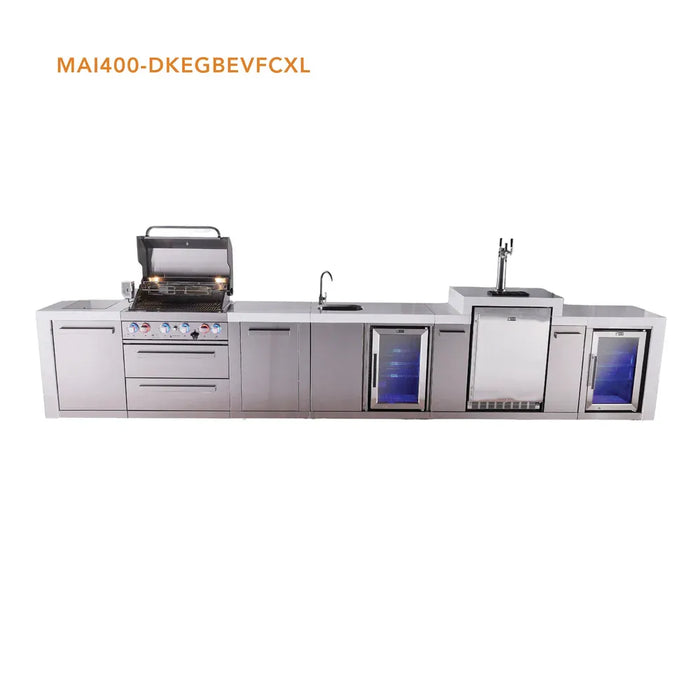 Mont Alpi Mont Alpi 4 Burner Deluxe Sereies Outdoor Kitchen Island with a Kegerator, Beverage Center, Corner Fridge, and Extra Storage Cabinet MAi400-DKEGBEVFCXL Barbecue Finished - Gas