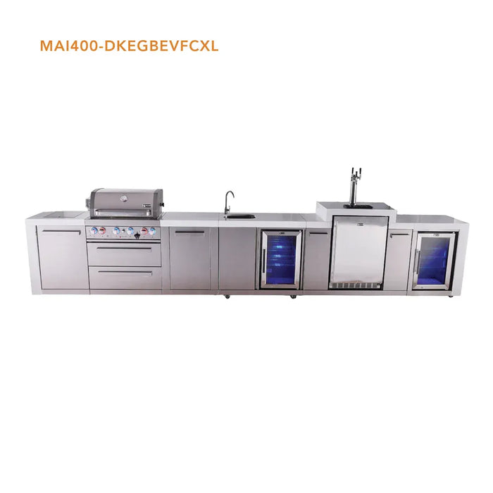 Mont Alpi Mont Alpi 4 Burner Deluxe Sereies Outdoor Kitchen Island with a Kegerator, Beverage Center, Corner Fridge, and Extra Storage Cabinet MAi400-DKEGBEVFCXL Barbecue Finished - Gas
