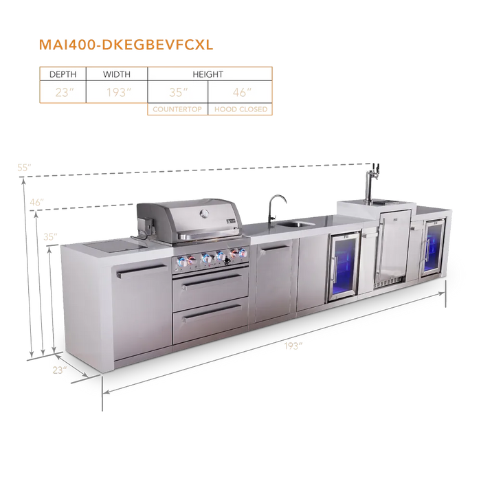 Mont Alpi Mont Alpi 4 Burner Deluxe Sereies Outdoor Kitchen Island with a Kegerator, Beverage Center, Corner Fridge, and Extra Storage Cabinet MAi400-DKEGBEVFCXL Barbecue Finished - Gas