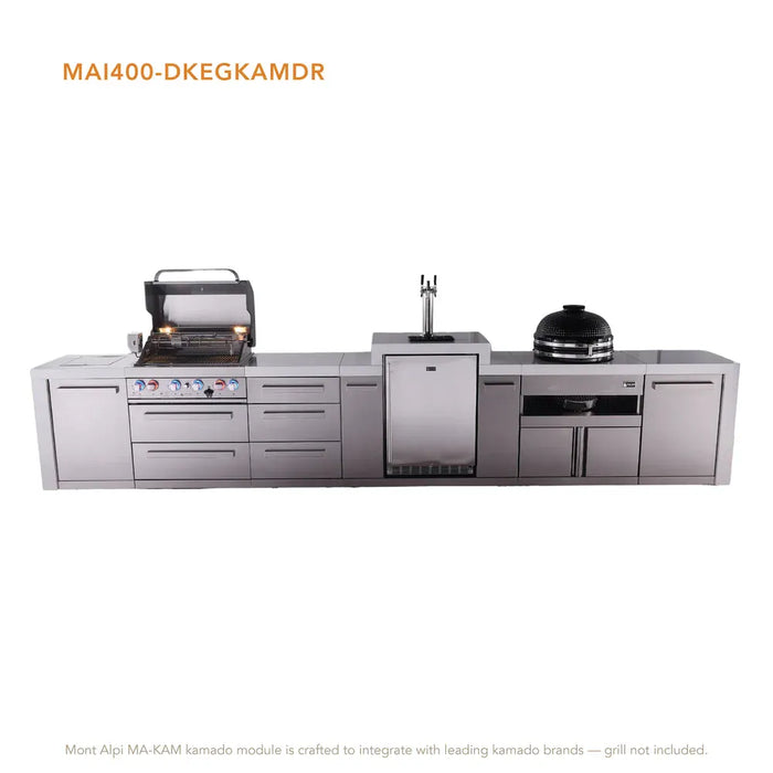 Mont Alpi Mont Alpi 4 Burner Deluxe Sereies Outdoor Kitchen Island with a Kegerator, Kamado Module, and Extra Storage Cabinet MAi400-DKEGKAMDR Barbecue Finished - Gas