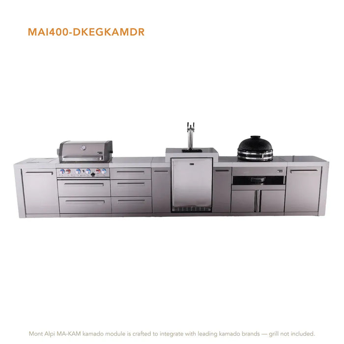 Mont Alpi Mont Alpi 4 Burner Deluxe Sereies Outdoor Kitchen Island with a Kegerator, Kamado Module, and Extra Storage Cabinet MAi400-DKEGKAMDR Barbecue Finished - Gas