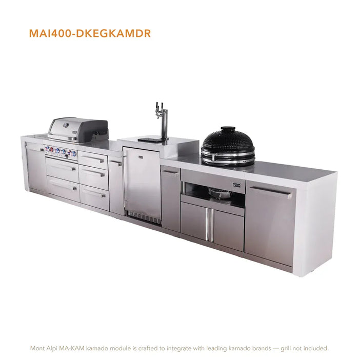 Mont Alpi Mont Alpi 4 Burner Deluxe Sereies Outdoor Kitchen Island with a Kegerator, Kamado Module, and Extra Storage Cabinet MAi400-DKEGKAMDR Barbecue Finished - Gas