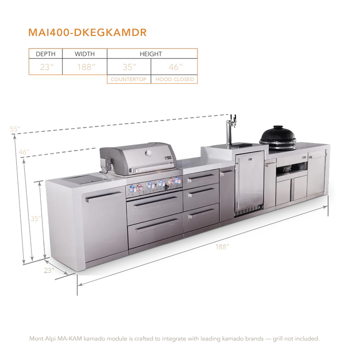 Mont Alpi Mont Alpi 4 Burner Deluxe Sereies Outdoor Kitchen Island with a Kegerator, Kamado Module, and Extra Storage Cabinet MAi400-DKEGKAMDR Barbecue Finished - Gas