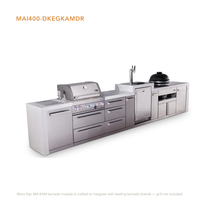 Mont Alpi Mont Alpi 4 Burner Deluxe Sereies Outdoor Kitchen Island with a Kegerator, Kamado Module, and Extra Storage Cabinet MAi400-DKEGKAMDR Barbecue Finished - Gas