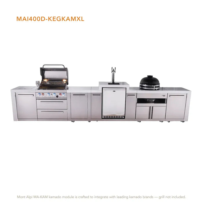 Mont Alpi Mont Alpi 4 Burner Deluxe Sereies Outdoor Kitchen Island with a Kegerator, Kamado Module, and Extra Storage Cabinet MAi400D-DKEGKAMXL Barbecue Finished - Gas