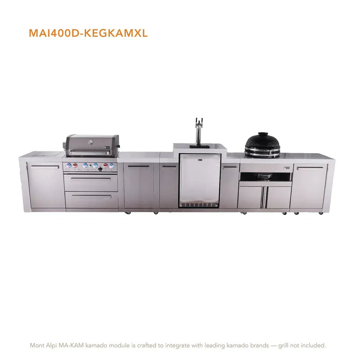 Mont Alpi Mont Alpi 4 Burner Deluxe Sereies Outdoor Kitchen Island with a Kegerator, Kamado Module, and Extra Storage Cabinet MAi400D-DKEGKAMXL Barbecue Finished - Gas