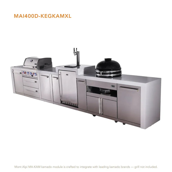 Mont Alpi Mont Alpi 4 Burner Deluxe Sereies Outdoor Kitchen Island with a Kegerator, Kamado Module, and Extra Storage Cabinet MAi400D-DKEGKAMXL Barbecue Finished - Gas