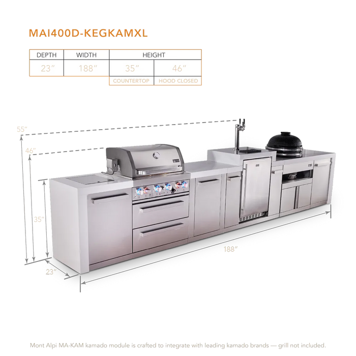 Mont Alpi Mont Alpi 4 Burner Deluxe Sereies Outdoor Kitchen Island with a Kegerator, Kamado Module, and Extra Storage Cabinet MAi400D-DKEGKAMXL Barbecue Finished - Gas