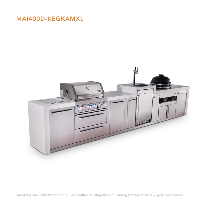 Mont Alpi Mont Alpi 4 Burner Deluxe Sereies Outdoor Kitchen Island with a Kegerator, Kamado Module, and Extra Storage Cabinet MAi400D-DKEGKAMXL Barbecue Finished - Gas