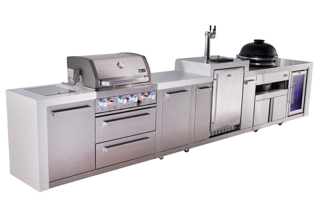Mont Alpi Mont Alpi 4 Burner Deluxe Sereies Outdoor Kitchen Island with a Kegerator, Kamado Module, Corner Fridge, and Extra Storage Cabinet MAi400-DKEGKAMFCXL Barbecue Finished - Gas