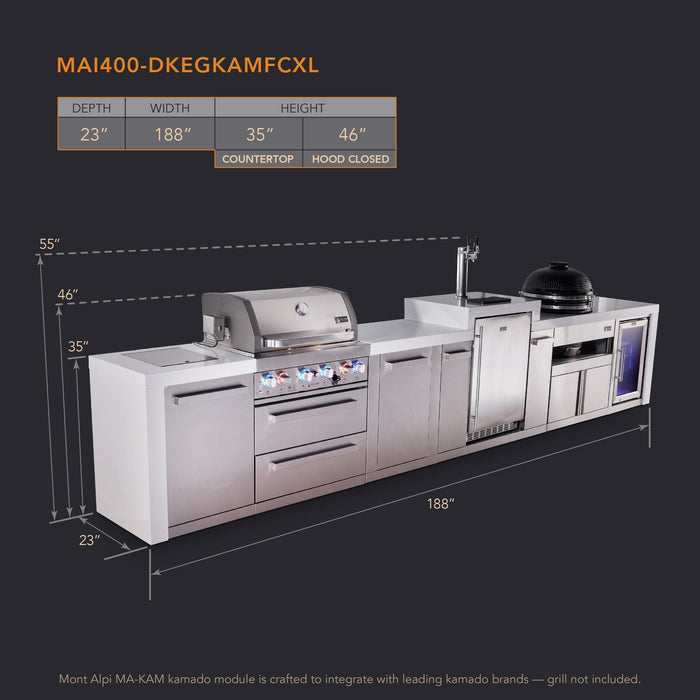 Mont Alpi Mont Alpi 4 Burner Deluxe Sereies Outdoor Kitchen Island with a Kegerator, Kamado Module, Corner Fridge, and Extra Storage Cabinet MAi400-DKEGKAMFCXL Barbecue Finished - Gas