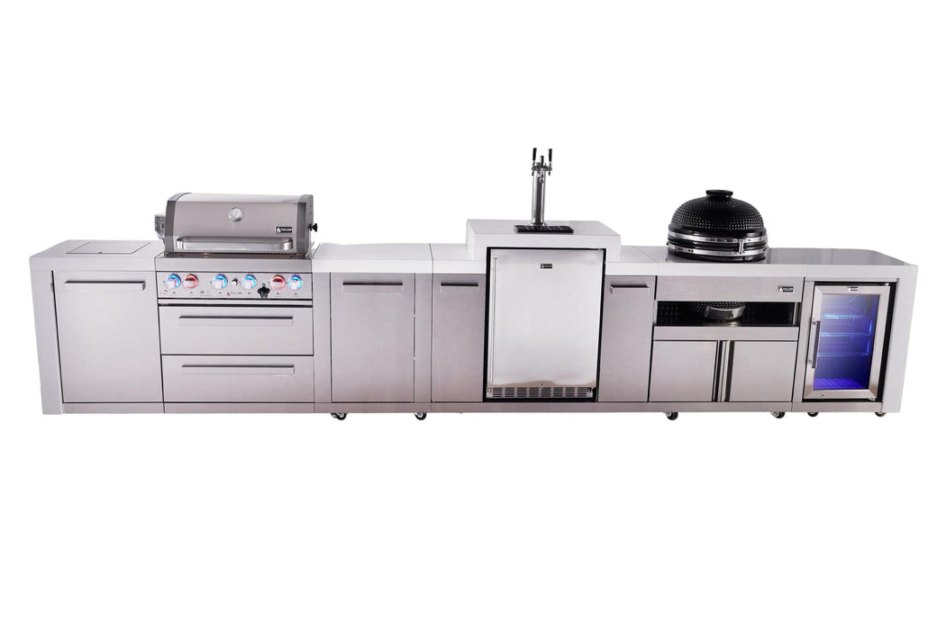 Mont Alpi Mont Alpi 4 Burner Deluxe Sereies Outdoor Kitchen Island with a Kegerator, Kamado Module, Corner Fridge, and Extra Storage Cabinet MAi400-DKEGKAMFCXL Barbecue Finished - Gas