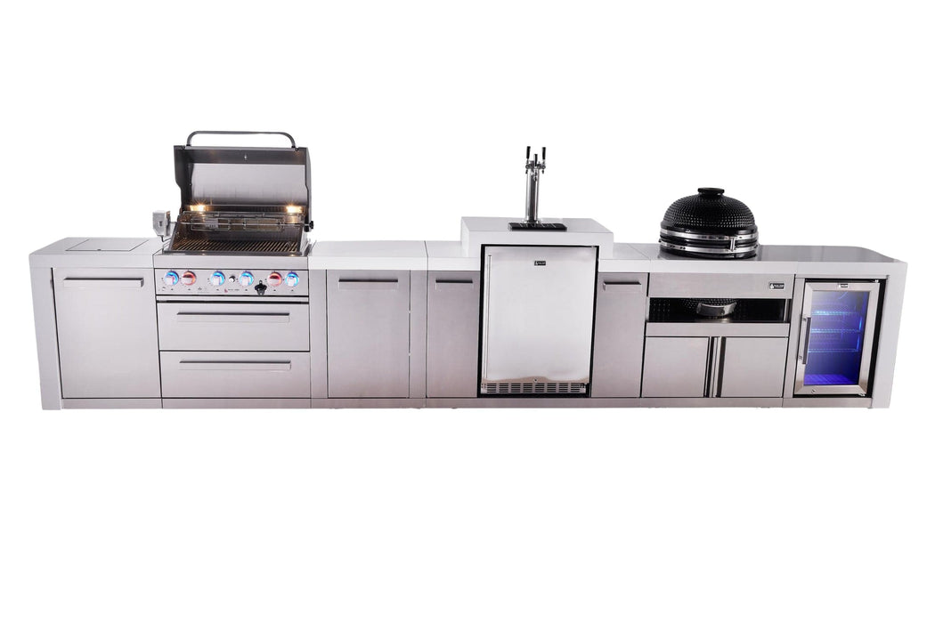 Mont Alpi Mont Alpi 4 Burner Deluxe Sereies Outdoor Kitchen Island with a Kegerator, Kamado Module, Corner Fridge, and Extra Storage Cabinet MAi400-DKEGKAMFCXL Barbecue Finished - Gas