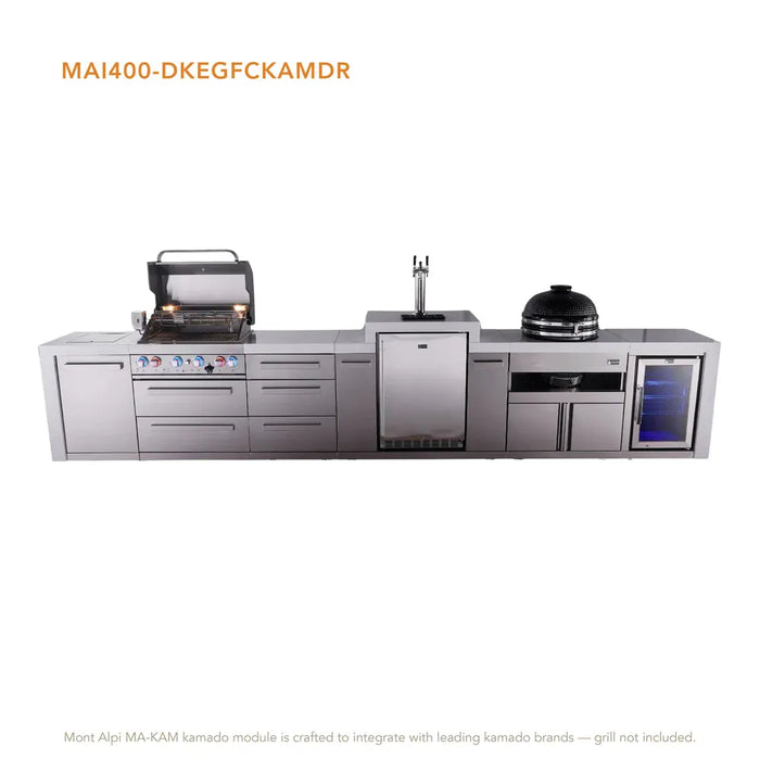 Mont Alpi Mont Alpi 4 Burner Deluxe Sereies Outdoor Kitchen Island with a Kegerator, Kamado Module, Corner Fridge, and Extra Storage Drawers MAi400-DKEGFCKAMDR Barbecue Finished - Gas