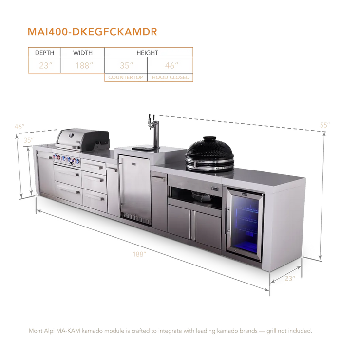 Mont Alpi Mont Alpi 4 Burner Deluxe Sereies Outdoor Kitchen Island with a Kegerator, Kamado Module, Corner Fridge, and Extra Storage Drawers MAi400-DKEGFCKAMDR Barbecue Finished - Gas