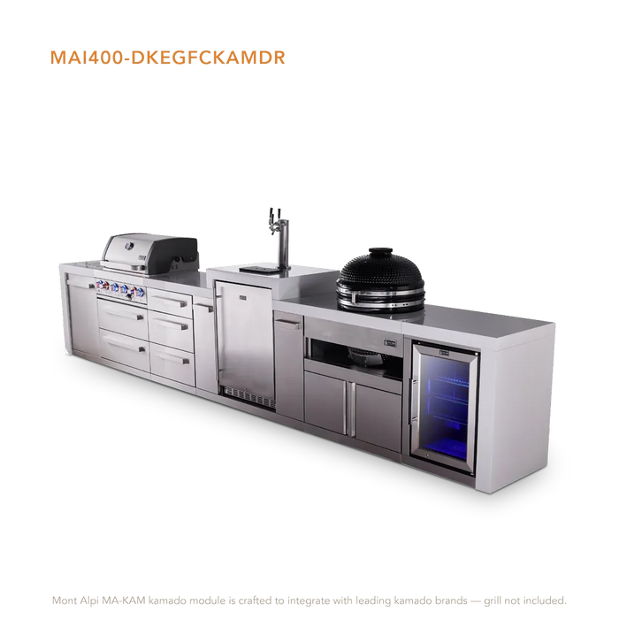 Mont Alpi Mont Alpi 4 Burner Deluxe Sereies Outdoor Kitchen Island with a Kegerator, Kamado Module, Corner Fridge, and Extra Storage Drawers MAi400-DKEGFCKAMDR Barbecue Finished - Gas