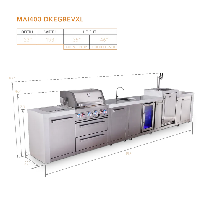 Mont Alpi Mont Alpi 4 Burner Deluxe Sereies Outdoor Kitchen Island with Beverage Center, Kegerator, and Extra Storage Cabinet MAi400-DKEGBEVXL Barbecue Finished - Gas